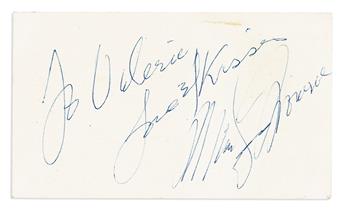 (ENTERTAINERS.) MONROE, MARILYN. Signature, "To Valerie / Love & Kisses / MarinlynMonroe," on verso of business card.